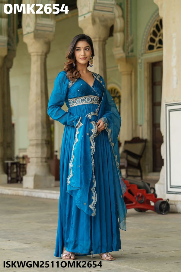 Embroidered Maslin Pleated Gown With Dupatta-ISKWGN2511OMK2654