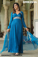 Embroidered Maslin Pleated Gown With Dupatta-ISKWGN2511OMK2654