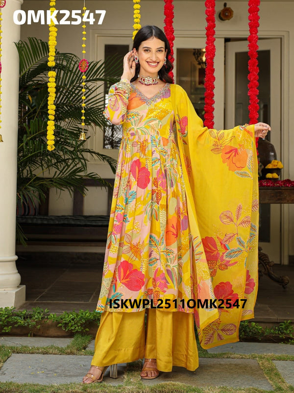 Printed Rayon Anarkali Kurti With Palazzo And Organza Dupatta-ISKWPL2511OMK2547