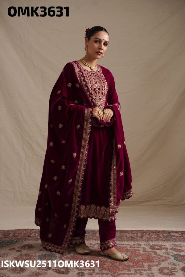 Embroidered Velvet Kurti With Pant And Dupatta-ISKWSU2511OMK3631