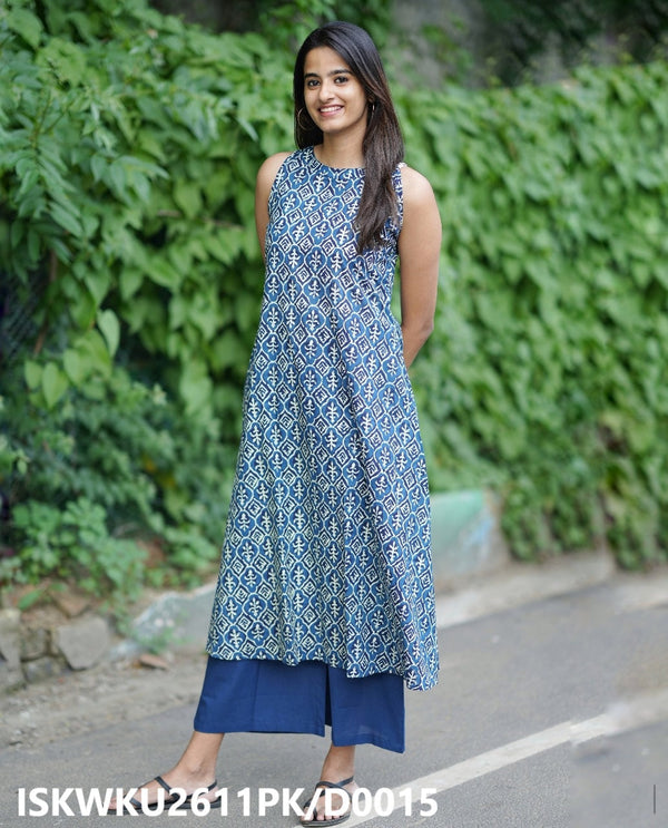 Ajrakh Printed Cotton A-Line Kurti With Palazzo-ISKWKU2611PK/D0015