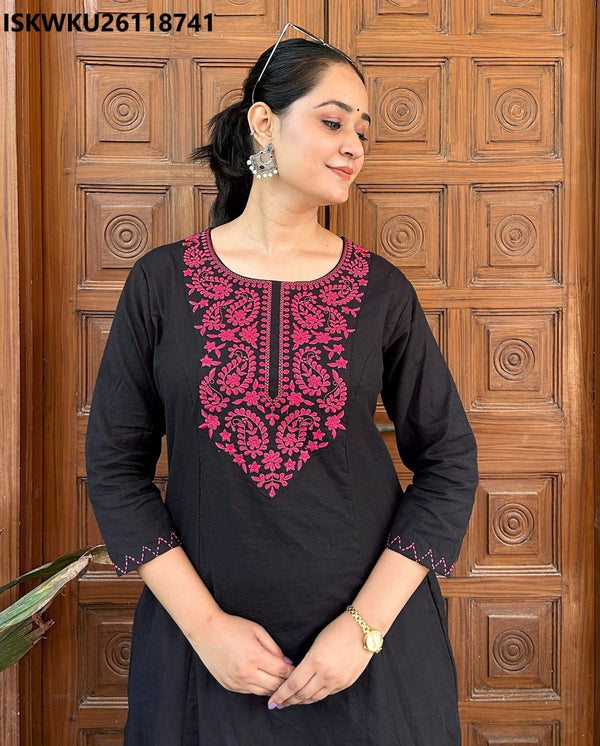 Embroidered Khadi Cotton Princess Cut A-Line Kurti With Pant-ISKWKU26118741