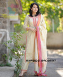 Embroidered Khadi Cotton Kurti With Khadi Pant And Linen Dupatta-ISKWSU2611PPC/D1547