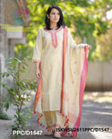 Embroidered Khadi Cotton Kurti With Khadi Pant And Linen Dupatta-ISKWSU2611PPC/D1547