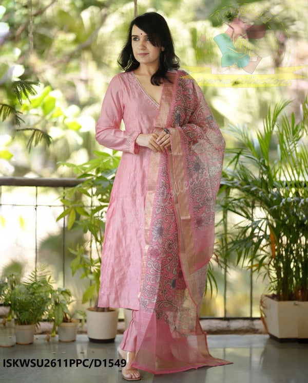 Chanderi Silk A-Line Kurti With Silk Pant And Kalamkari Printed Dupatta-ISKWSU2611PPC/D1549