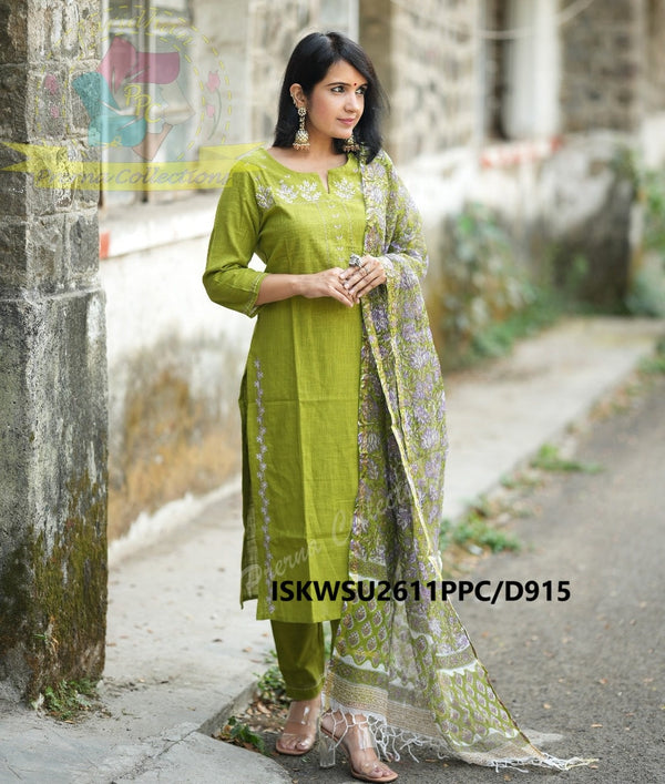 Khadi Cotton Kurti With Pant And Hand Block Printed Kota Doriya Dupatta-ISKWSU2611PPC/D915