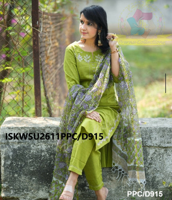 Khadi Cotton Kurti With Pant And Hand Block Printed Kota Doriya Dupatta-ISKWSU2611PPC/D915