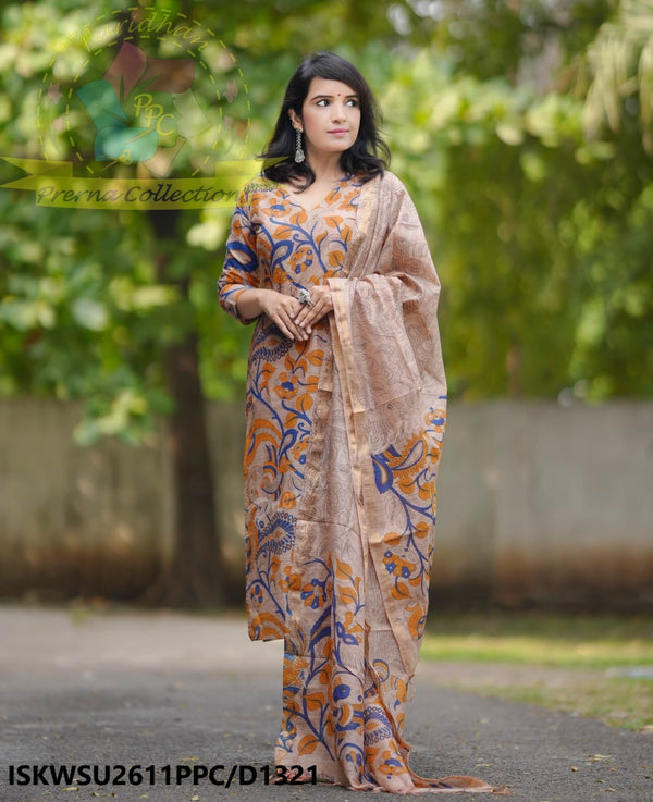 Kalamkari Printed Handloom Cotton Silk Kurti With Cotton Silk Pant And Dupatta-ISKWSU2611PPC/D1321