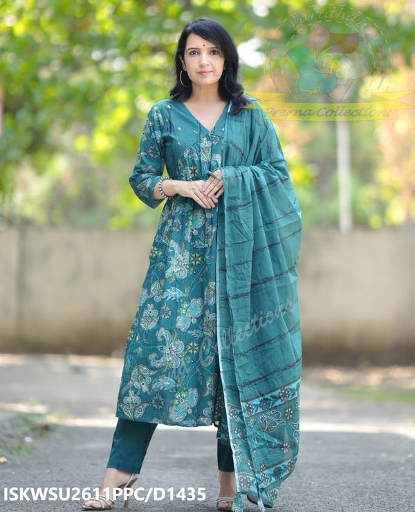 Kalamkari Printed Cotton Naira Cut Kurti With Pant And Malmal Cotton Dupatta-ISKWSU2611PPC/D1435