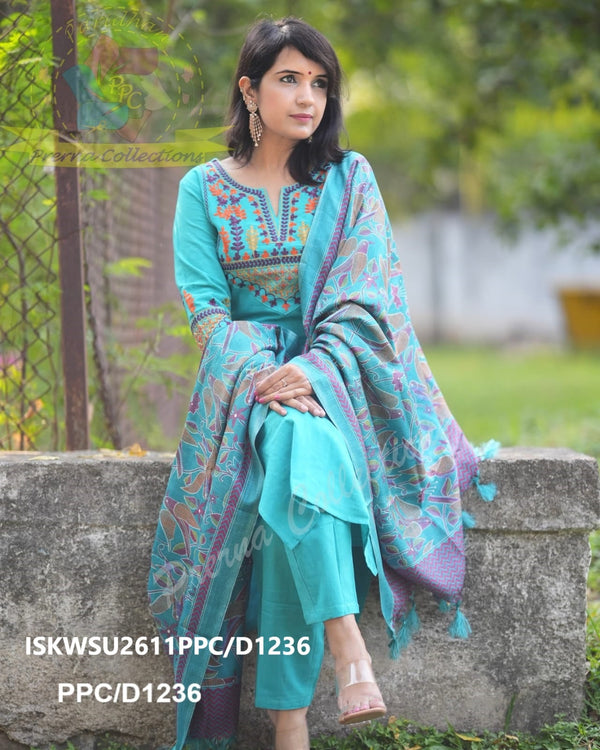 Handloom Cotton Kurti With Pant And Kantha Printed Khadi Silk Dupatta-ISKWSU2611PPC/D1236