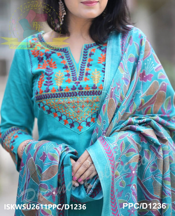 Handloom Cotton Kurti With Pant And Kantha Printed Khadi Silk Dupatta-ISKWSU2611PPC/D1236