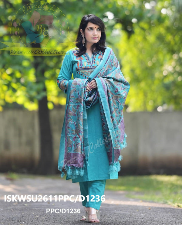 Handloom Cotton Kurti With Pant And Kantha Printed Khadi Silk Dupatta-ISKWSU2611PPC/D1236