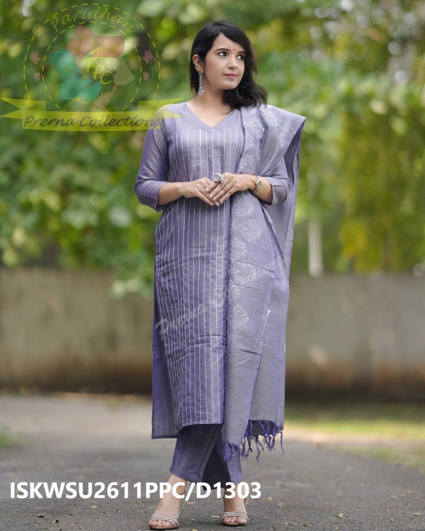 Emboidered Cotton Silk Kurti With Pant And Dupatta-ISKWSU2611PPC/D1303