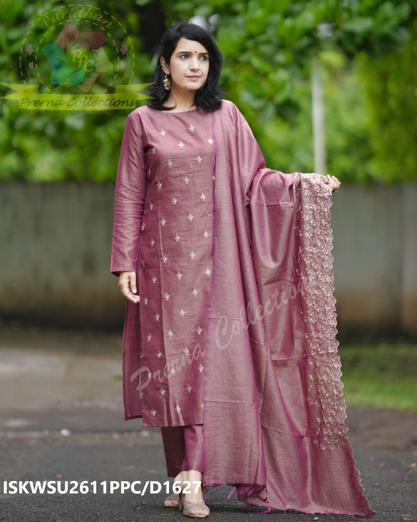 Embroidered Cotton Silk Kurti With Pant And Dupatta-ISKWSU2611PPC/D1627