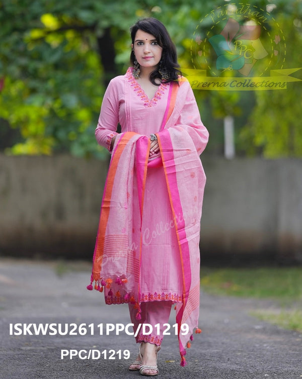 Handloom Kurti With Handloom Cotton Pant And Linen Dupatta-ISKWSU2611PPC/D1219