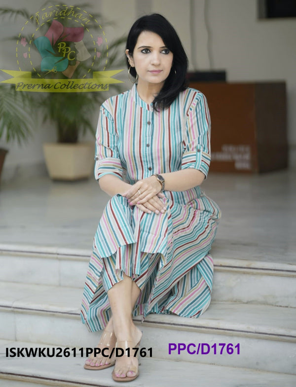 Striped Printed Cotton A-Line Kurti With Pant-ISKWKu2611PPC/D1761