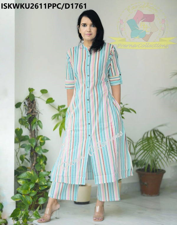 Striped Printed Cotton A-Line Kurti With Pant-ISKWKu2611PPC/D1761