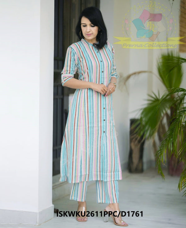 Striped Printed Cotton A-Line Kurti With Pant-ISKWKu2611PPC/D1761