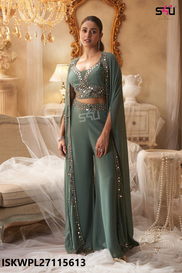 Georgette Palazzo With Embroidered Crop Top And Shrug-ISKWPL27115613