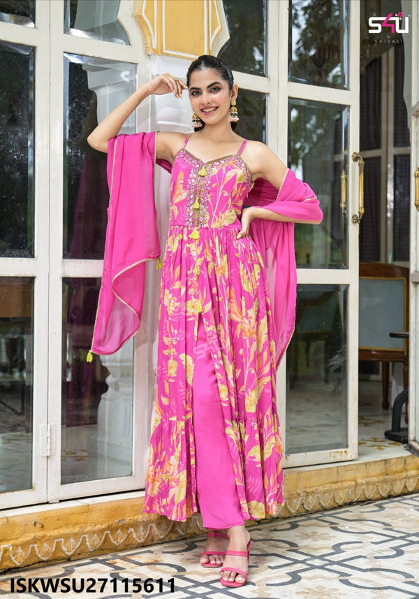 Printed Front Slit Silk Kurti With Pant And Dupatta-ISKWSU27115611