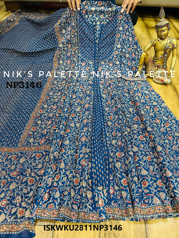 Kalamkari Block Printed Cotton Front Slit Anarkali Kurti With Dupatta-ISKWKU2811NP3146/NP3146