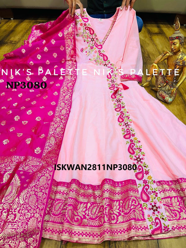 Embroidered Malmal Cotton Anarkali With Banarasi Silk Dupatta-ISKWAN2811NP3080