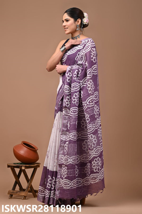 Hand Block Printed Linen Saree With Blouse-ISKWSR28118901