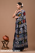 Hand Block Printed Linen Saree With Blouse-ISKWSR28118901