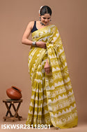 Hand Block Printed Linen Saree With Blouse-ISKWSR28118901