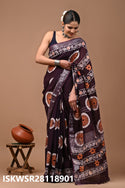 Hand Block Printed Linen Saree With Blouse-ISKWSR28118901