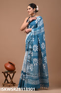 Hand Block Printed Linen Saree With Blouse-ISKWSR28118901