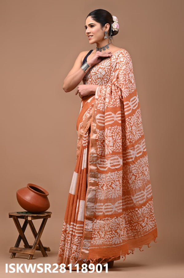 Hand Block Printed Linen Saree With Blouse-ISKWSR28118901