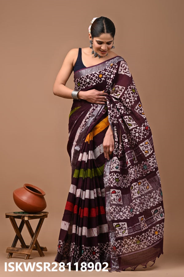 Hand Block Printed Linen Saree With Blouse-ISKWSR28118902