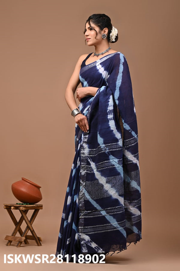 Hand Block Printed Linen Saree With Blouse-ISKWSR28118902