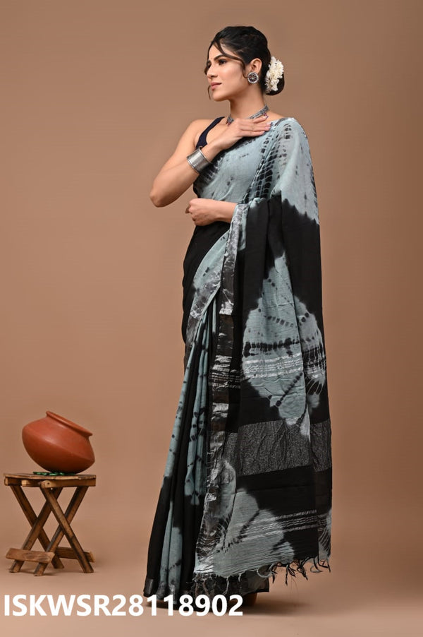 Hand Block Printed Linen Saree With Blouse-ISKWSR28118902