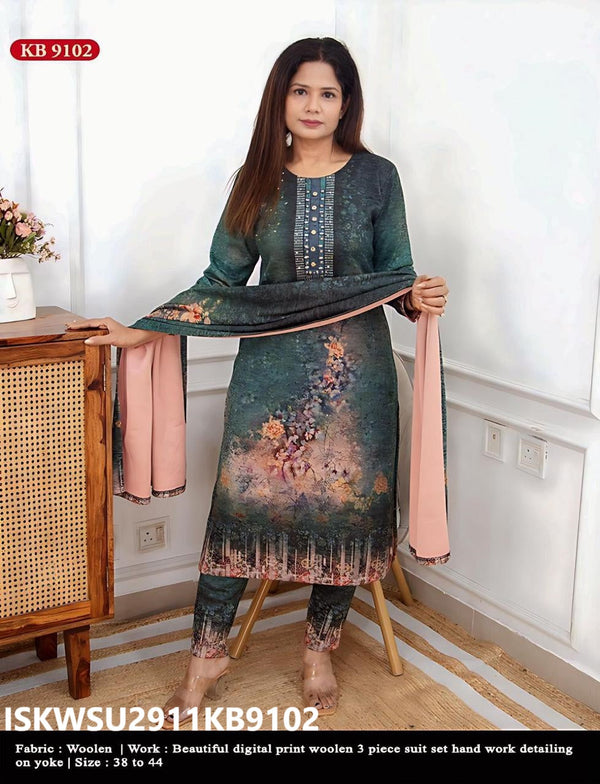 Digital Printed Woolen Kurti With Pant And Dupatta-ISKWSU2911KB9102