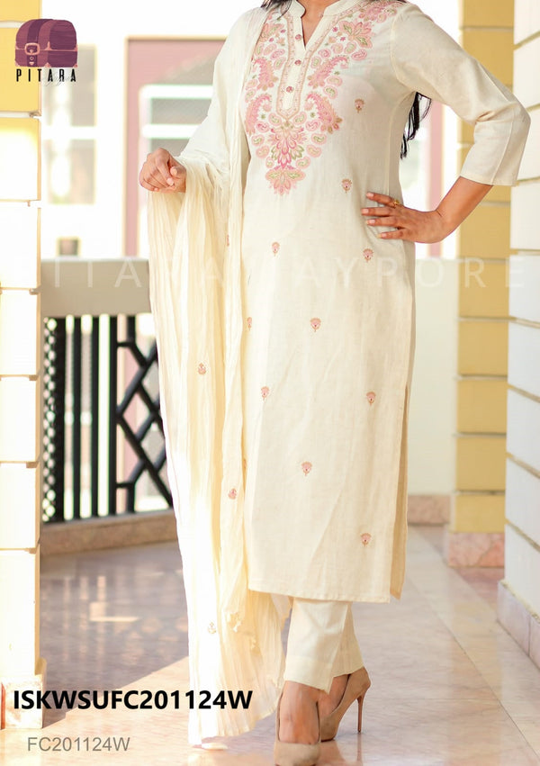 Embroidered Linen Cotton Kurti With Pant And Crushed Cotton Dupatta-ISKWSUFC201124W