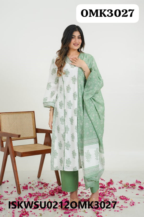 Digital Printed Cotton Kurti With Pant And Floral Printed Dupatta-ISKWSU0212OMK3027