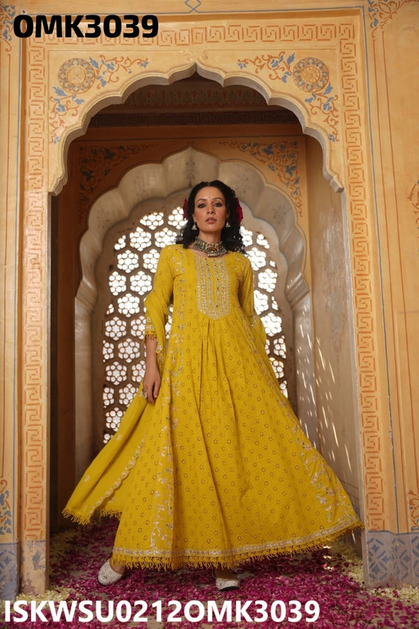 Embroidered Cotton Schiffli Anarkali Kurti With Pant And Dupatta-ISKWSU0212OMK3039