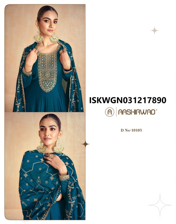 Embroidered Silk Gown With Dupatta-ISKWGN031217890