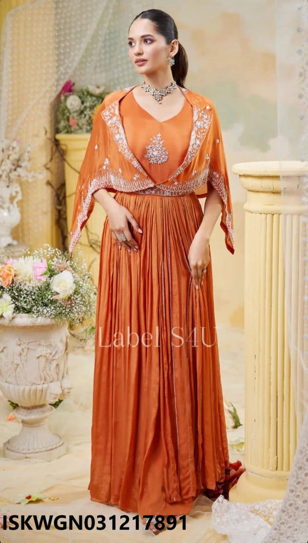 Silk Gown Attached With Embroidered Jacket-ISKWGN031217891