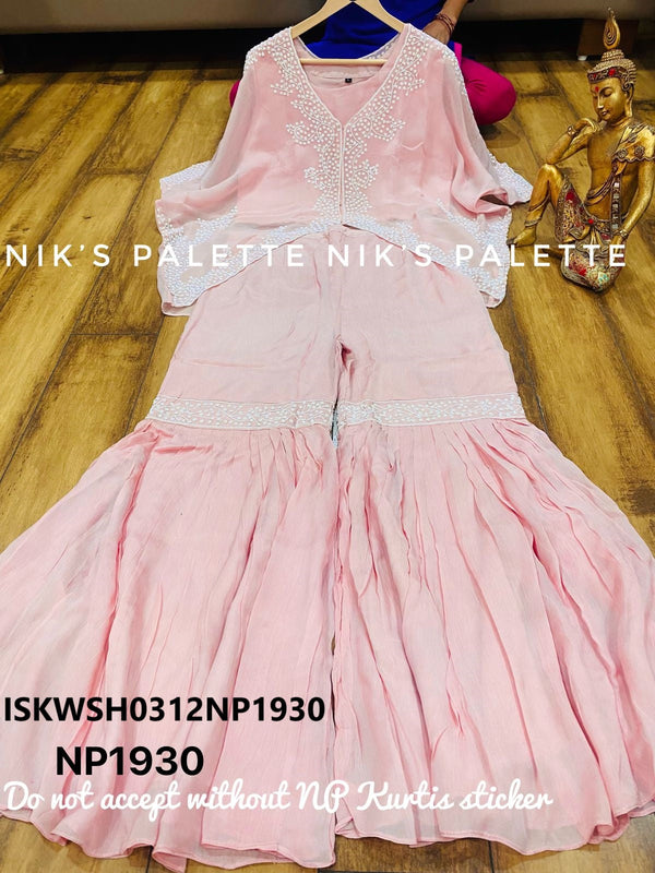 Wrinkle Chinon Crop Top With Sharara And Organza Kaftan-ISKWSH0312NP1930