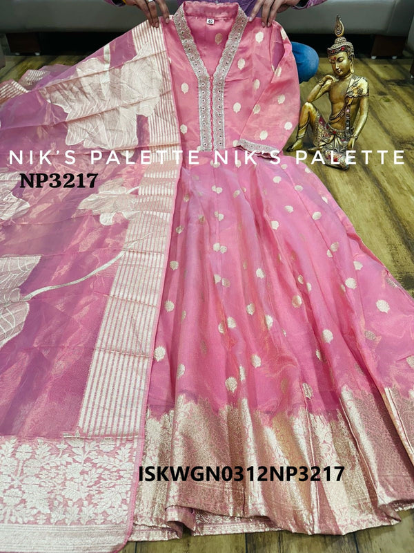 Tissue Zari Stripe Gown With Zari Weaved Dupatta-ISKWGN0312NP3217/NP3215/NP3214/NP3216