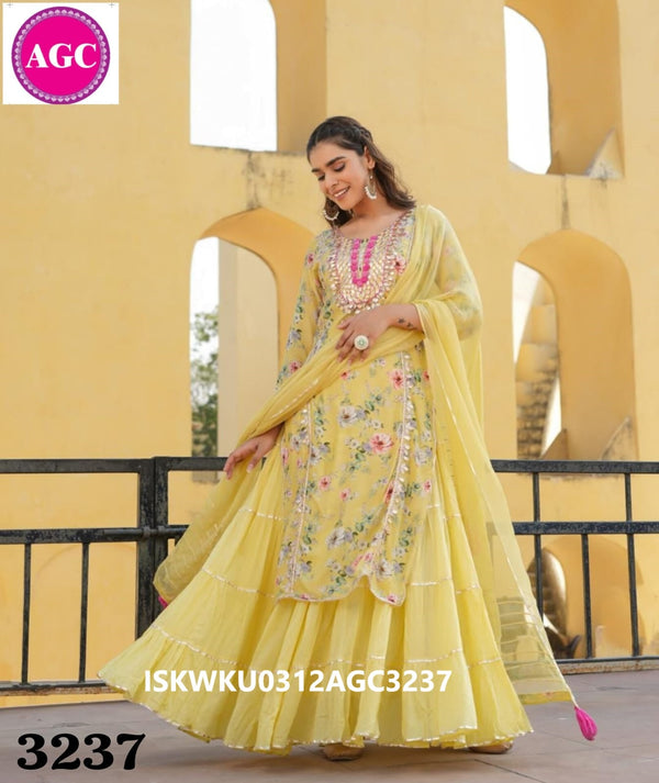 Floral Printed Maslin Kurti With Chiffon Dupatta -ISKWKU0312AGC3237