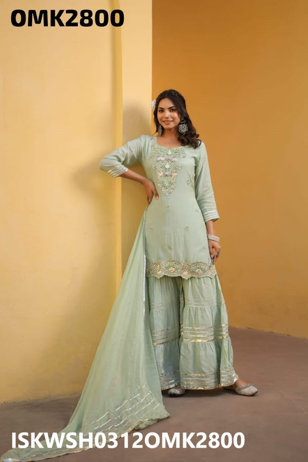 Embroidered Maslin Peplum Kurti With Sharara And Chiffon Dupatta-ISKWSH0312OMK2800