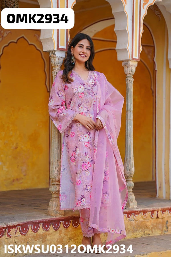 Digital Printed Linen Kurti With Pant And Organza Dupatta-ISKWSU0312OMK2934