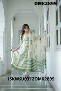 Block Printed Cotton Anarkali Kurti With Pant And Dupatta-ISKWSU0312OMK292