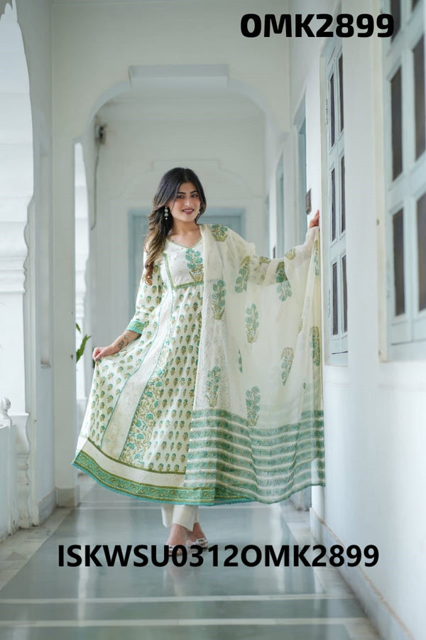 Block Printed Cotton Anarkali Kurti With Pant And Dupatta-ISKWSU0312OMK292