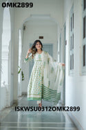 Block Printed Cotton Anarkali Kurti With Pant And Dupatta-ISKWSU0312OMK292