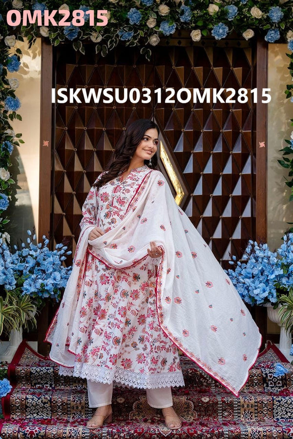 Floral Printed Cotton Anarkali Kurti With Pant And Dupatta-ISKWSU0312OMK292